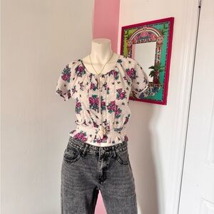 Forever 21 Cream Cinch Waist Blouse with Pink Floral Print And Crochet Details